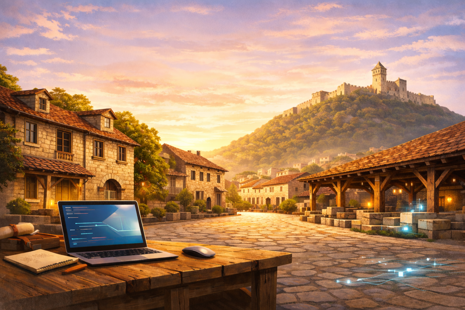 Vue panoramique de Crémieu au crépuscule, ordinateur portable posé sur une table de pierre dans la cité médiévale.